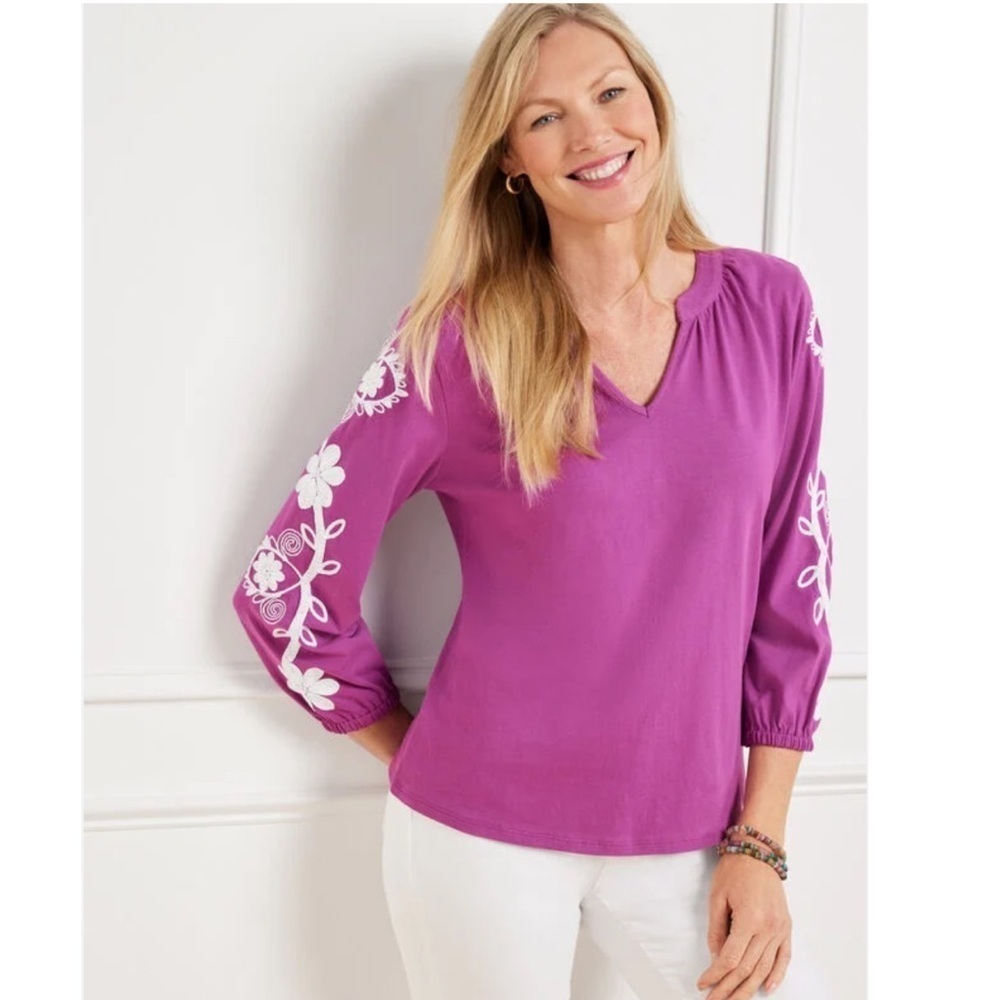 Talbots Purple Embroidered Floral Split Neck Tee